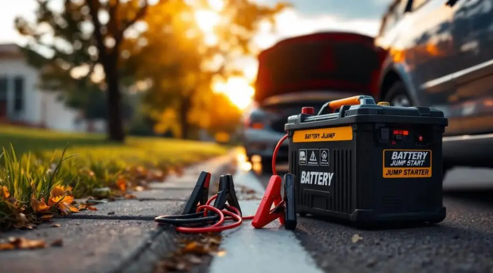 A professional tow operator connecting heavy-duty booster cables to a car battery on a cold winter evening in Akron.