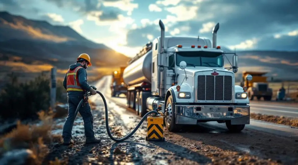 A Summit Towing service technician pouring gas from a safety can into a stranded car on an Akron highway shoulder at dusk.