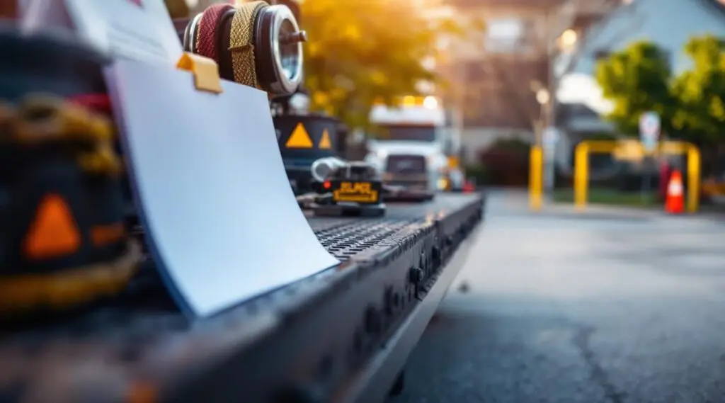 A professional tow truck operator hooking up an illegally parked vehicle in a marked tow-away zone in Alliance.