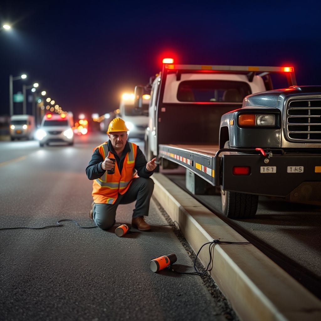 A clean, modern flatbed tow truck parked near a commercial area in Streetsboro, Ohio, ready for dispatch.
