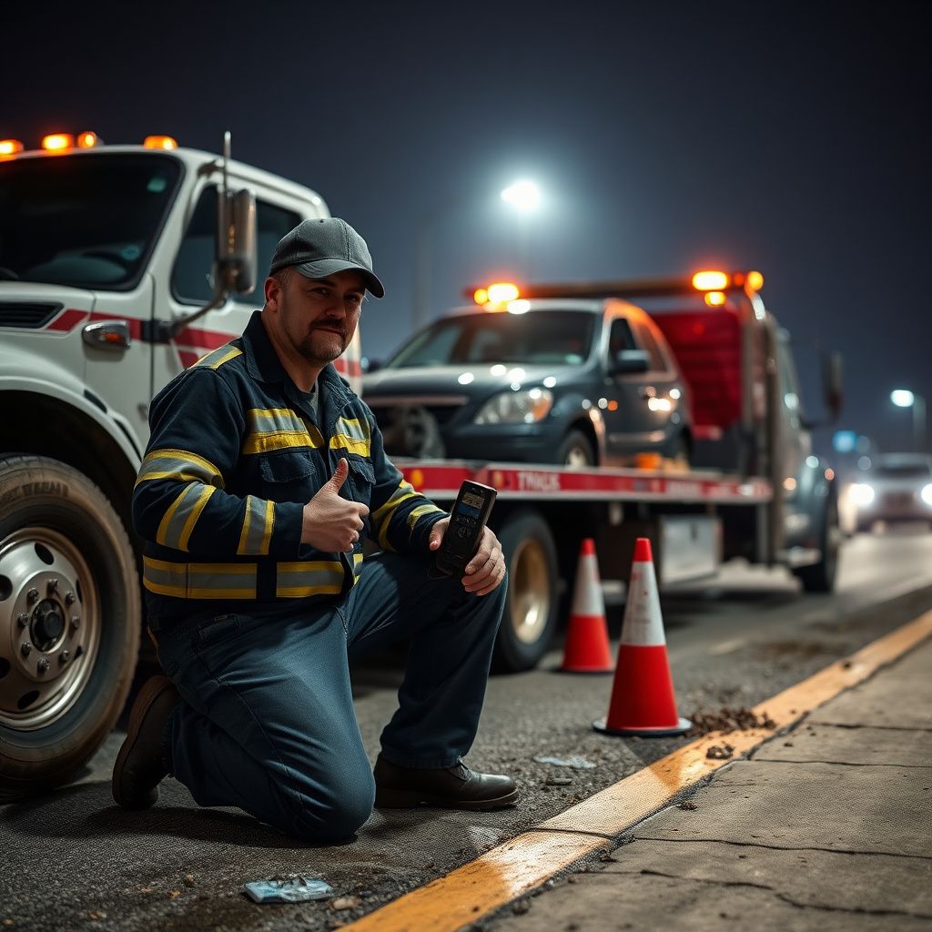 A Summit Towing operator safely securing a vehicle on a flatbed truck on the shoulder of a Stark County road.