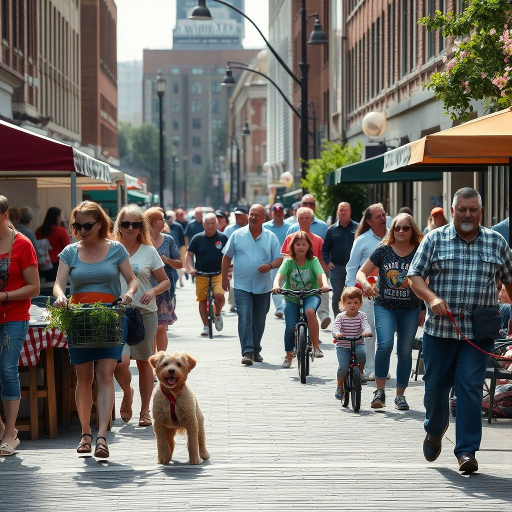 A scenic view of historic downtown Massillon, Ohio, showcasing classic brick architecture and tree-lined streets