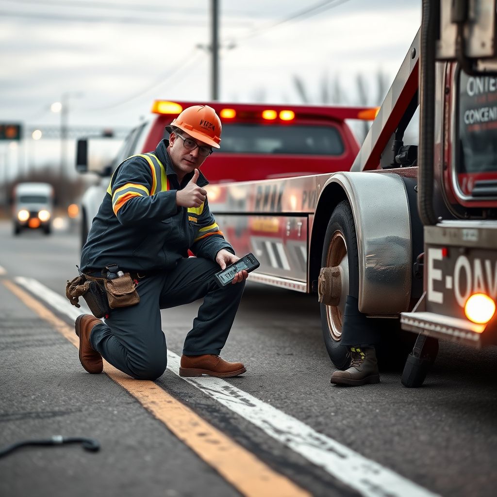 A clean, modern flatbed tow truck parked safely on the shoulder of a Ravenna road with safety lights flashing.