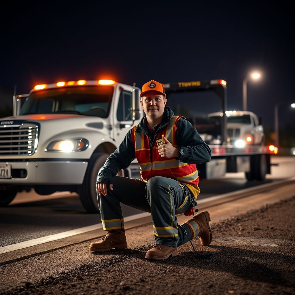 A professional tow truck operator securing a car onto a flatbed tow truck safely in Kent, Ohio.